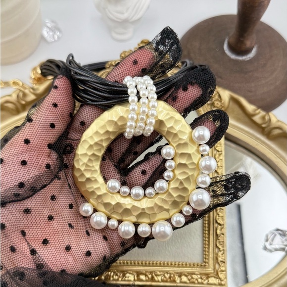 Statement Pendant Necklace | Multi-Strand Black Cord with Gold & Pearl Accents - Picture 7 of 11